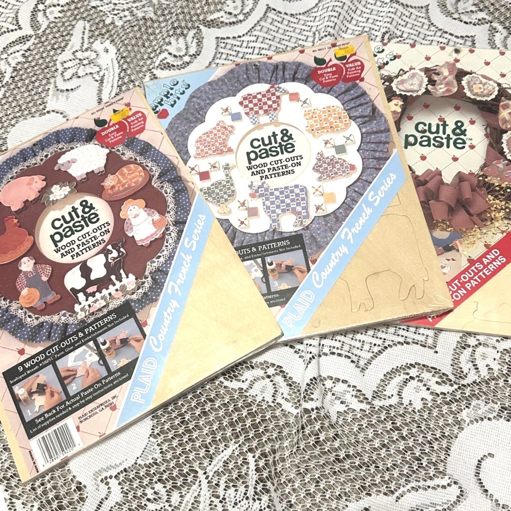 Vintage Plaid Apple‎ Bits Cut & Paste Wood Cut-Outs Patterns 3pk Farm Pets NEW